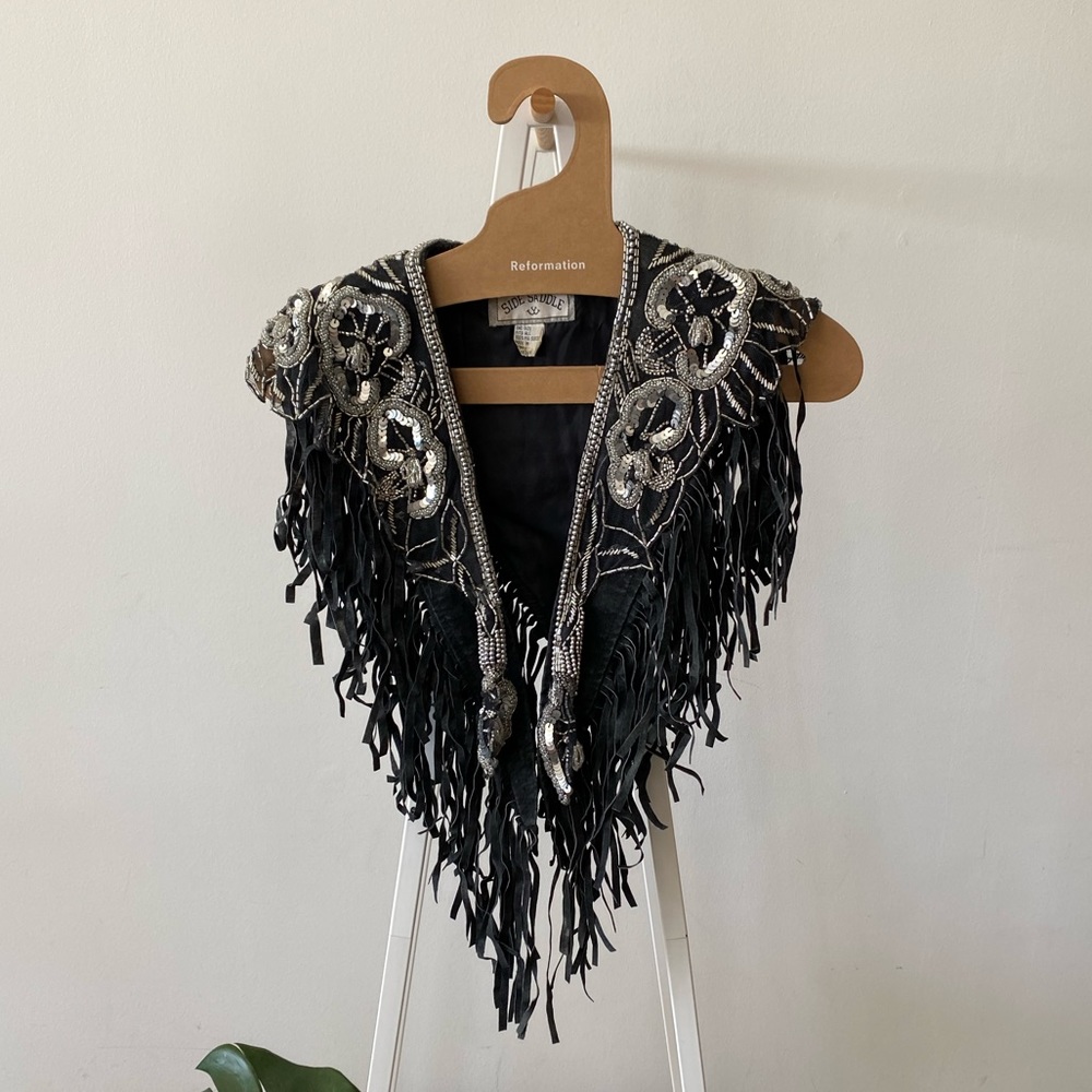 Beaded Festival Fringe Leather Poncho - Picture 2 of 5